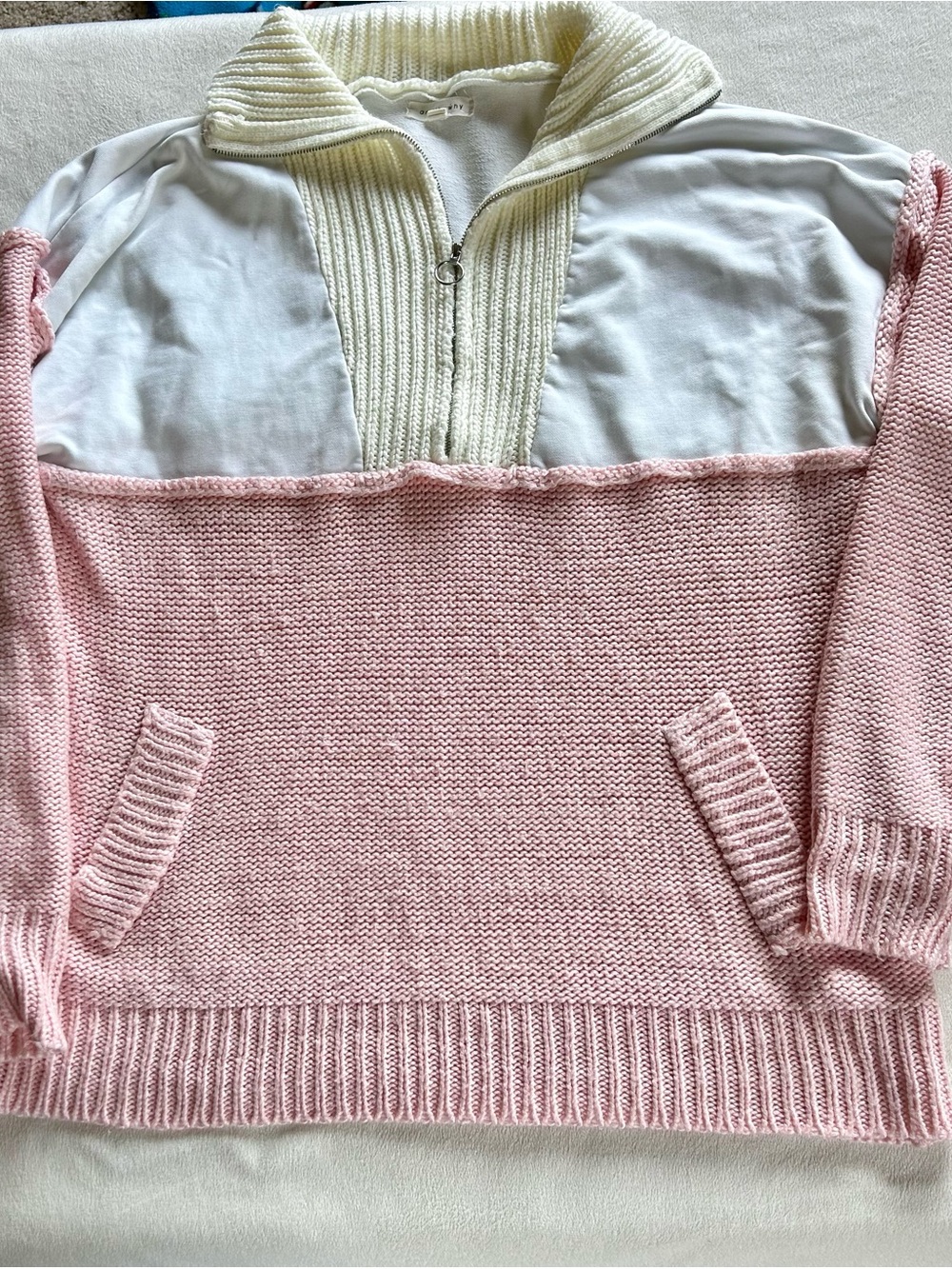 Andthewhy Women's Pink and Cream Half-Zip Knit Mixed Media Sweater Sz XL